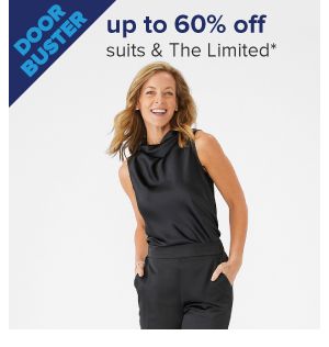 A woman in a black romper. Doorbuster, up to 60% off suits and The Limited.
