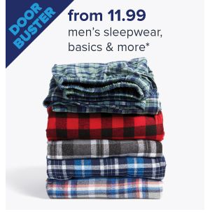 A stack of men's pajama pants. Doorbuster, from 11.99 men's sleepwear, robes and more.