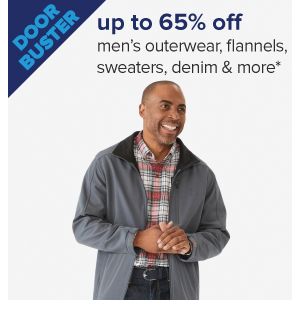 A man in a gray fleece. Doorbuster, up to 65% off men's outerwear, flannels, sweaters, denim & more.
