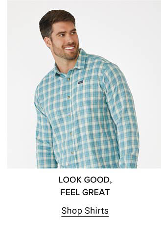 A man in a plaid buttondown shirt. Look good, feel great. Shop shirts.