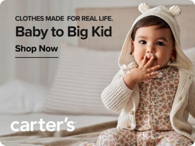 Clothes made for real life. Baby to big kid. Shop now. Carters. A baby girl in a matching set and sweater.