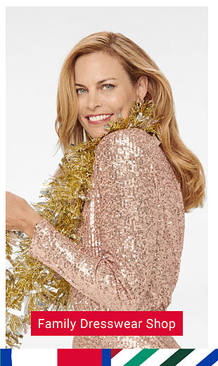 Image of woman in sparkly dress. Shop Family Dresswear.