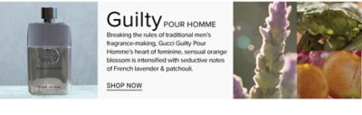 Breaking the rules of traditional men’s fragrance-making, Gucci Guilty Pour Homme’s heart of feminine, sensual orange blossom is intensified with seductive notes of French lavender & patchouli. 