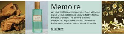 An elixir that transcends gender, Gucci Mémoire d’une Odeur establishes a new olfactive family, Mineral Aromatic. The accord features unexpected ingredients: Roman chamomile, Indian coral jasmine, musks, woods & vanilla.