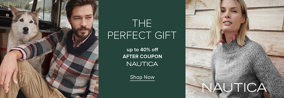 Man wearing a plaid shirt sitting next to a dog. Woman wearing a grey sweater over a plaid shirt. The perfect gift. Up to 40% off after coupon Nautica. Shop Now.