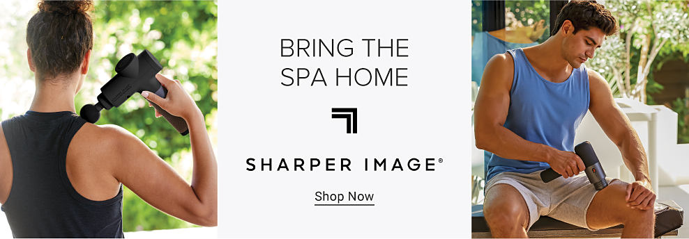 Woman using a massage gun on her shoulder. Bring the spa home. Shaper image logo. Shop now. Man using a massage gun on his thigh.