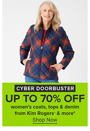 An image of a woman in a red and blue coat. Cyber doorbuster. Up to 70% off women's coats, tops and denim from Crown and Ivy and more. Shop now. 