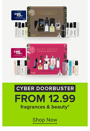 An image of fragrance samplers. Cyber doorbuster. From 12.99 fragrances and beauty. Shop now. 