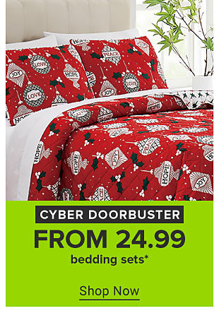 An image of a white bedding set with colored Christmas trees on it. Cyber doorbuster. From 21.99 bedding sets. Shop now.