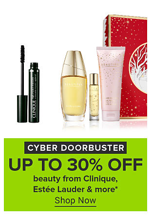 An image of beauty products. Cyber doorbuster. Up to 30% off beauty from Clinique, Estee Lauder and more. Shop now. 