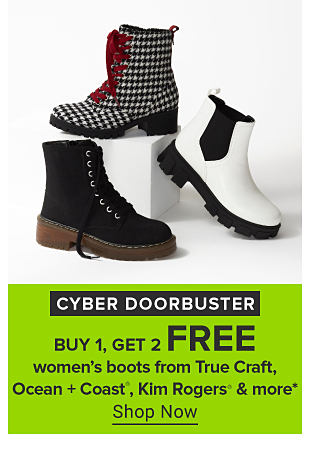 An image of women's hiking boots. Cyber doorbuster. Buy one, get two free women's boots from True Craft, Ocean and Coast, Kim Rogers and more. Shop now. 