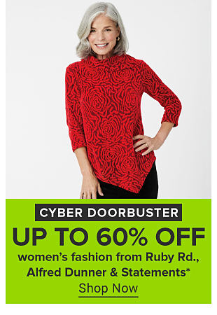 An image of a woman in a red, white and black striped sweater. Cyber doorbuster. 55% off women's fashion from Ruby Road, Alfred Dunner and Statements. Shop now. 