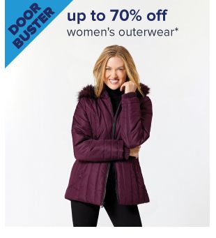 Doorbuster. Up to 70% off women's outerwear. Image of a woman wearing a coat. Shop now.