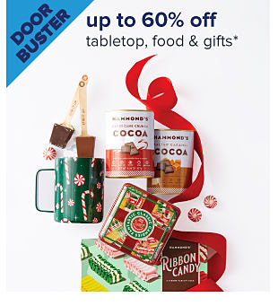Doorbuster. Up to 60% off tabletop, food & gifts. Image of snacks. Shop now.