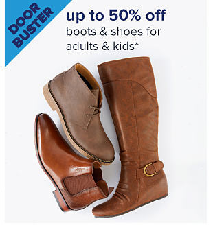 Doorbuster. Up to 50% off boots & shoes for adults & kids. Image of shoes. Shop now.