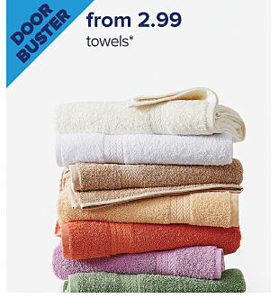An image of a stack of folded towels. Doorbuster. From 2.99 towels.