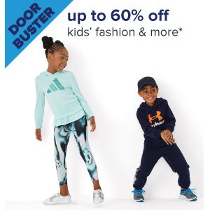 Doorbuster. Up to 60% off kids' fashion & more. Image of a little boy and girl dressed in nice clothing. Shop now.