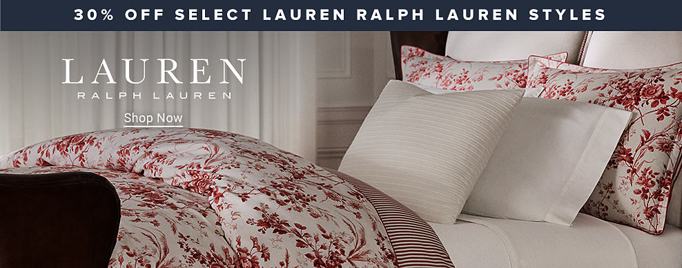 30% off select Lauren Ralph Lauren styles. Lauren Ralph Lauren. Shop now. Image of a bed with red and white bedding. 