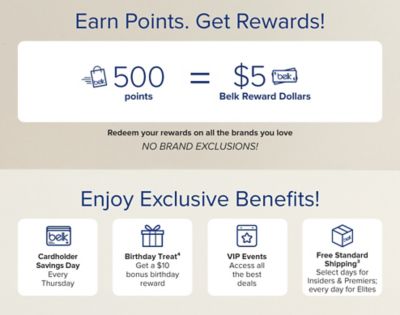 Earn points, get rewards. 500 points equals five Belk Reward Dollars. Redeem your rewards on all the brands you love with no brand exclusions.Enjoy exclusive benefits. Cardholder Savings Day every Thursday. Birthday treat, get a $50 bonus birthday reward. VIP events, access all the best deals. Free standard shipping, select days for Insiders and Premiers, every day for Elites.