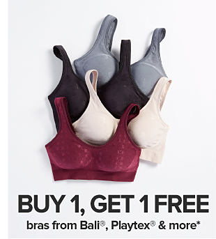 Assortment of sports bras. Buy 1, get 1 free bras from Bali, Playtex and more. 