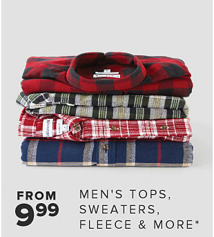 An image of stacked flannel shirts. From 9.99 men's shirts, sweaters & more. 