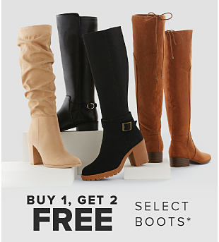 An image of 3 boots. Up to 70% off boots & shoes for adults & kids. 