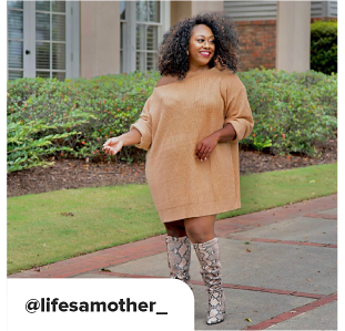 A woman in a long brown sweater with snake boots that go to below her knees. At Life as a Mother underscore. 