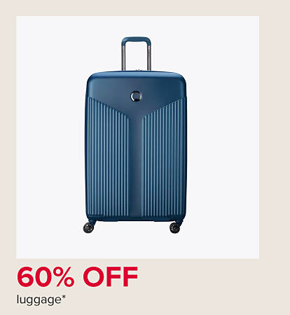 A blue rolling suitcase. 60% off luggage. 