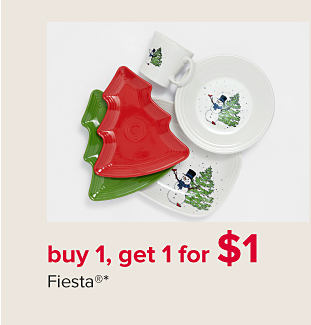 Assorted holiday plates with snowman or shaped like Christmas trees. Buy 1, get 1 for $1. Fiesta.