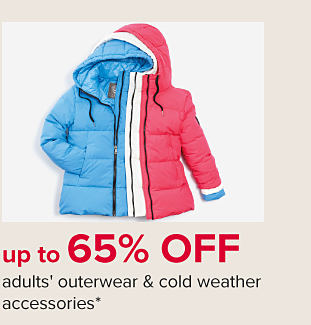 Down coats in blue, white and pink. Up to 65% off outerwear and cold weather accessories for adults and kids. 