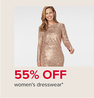 A woman in a white cardigan and brown pants next to a girl in a pink sparkly dress. 55% off dresswear for adults and kids. 