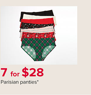 A variety of holiday themed underwear. 7 for 28 dollars, Parisian panties. 