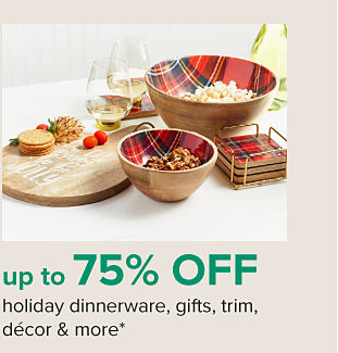 Wooden bowls and a serving platter with plaid accents. 70% off holiday dinnerware, gifts, trim, decor and more. 