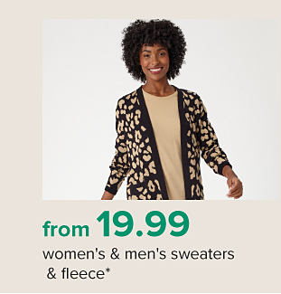 A woman in a cheetah print cardigan with a beige shirt on underneath. From 19.99 men's and women's sweaters and fleece.