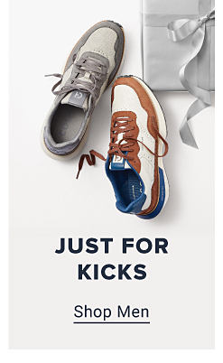 An image of men's sneakers. Just for kicks. Shop men. 
