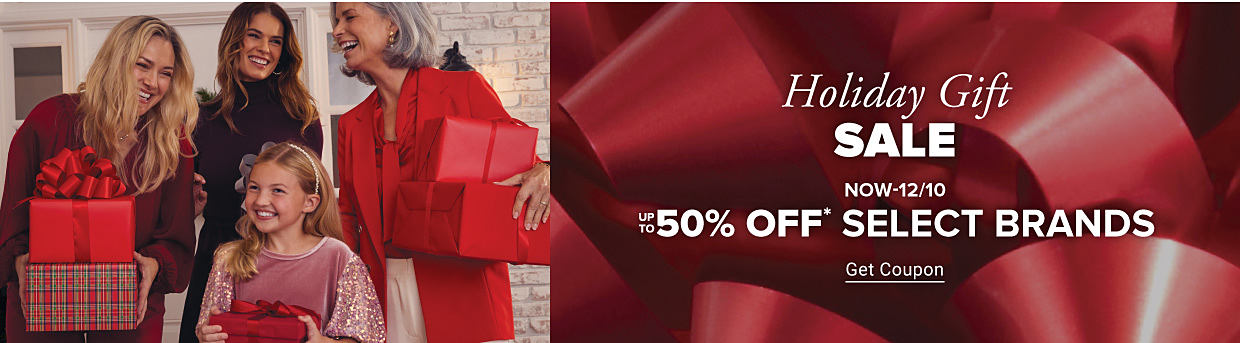 Holiday gift sale. Now through December 10. Up to 50% off select brands. Get coupon.