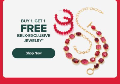 Image of a red and gold necklace and matching bracelet with red earrings. Buy 1, get 1 free Belk-exclusive jewelry.