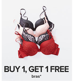 Assortment of bras in different colors and designs. Buy 1, get 1 free bra. 