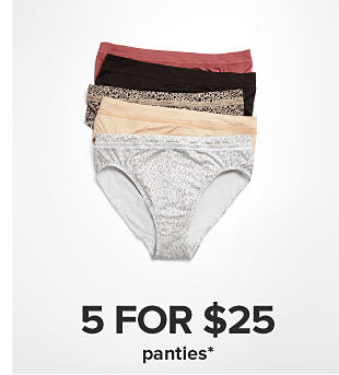 Image of panties in different colors and designs. 5 for $25 panties. 