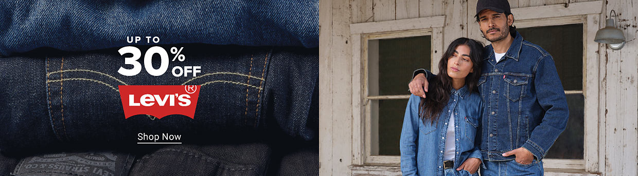 Up to 30% off Levi's. Shop now. A woman in a denim shirt and blue jeans next to man wearing a denim jacket and blue jeans.