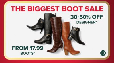An image of women's boots. The biggest boot sale. From 17.99 boots and 30 to 50% off designer boots.