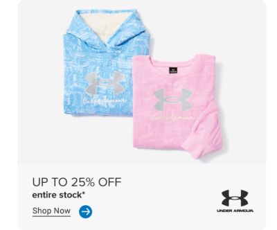 An image of two Under Armour hoodies. Up to 25% off entire stock. The Under Armour logo. Shop now. 