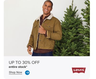 An image of a man wearing a Levi's jacket. The Levi's logo. Up to 30% off entire stock. Shop now.