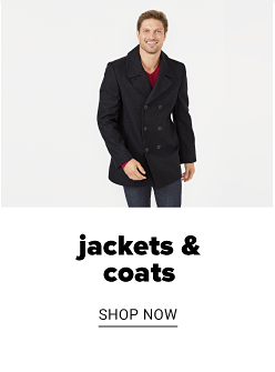 A man in a navy peacoat and jeans. Jackets and coats. Shop now.