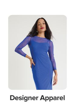 An image of a woman wearing a blue dress. Designer apparel.