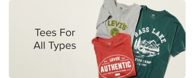 Two men's Levi's tees and one that says Bass Lake Fish Camp. Tees for all types.