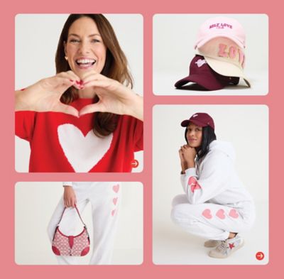 Image of model in heart sweater making a heart with her hands. Image of three hats. Image of handbag and sweatpants. Image of model crouching in heart sweatshirt and pants wearing a hat.