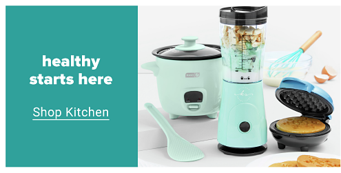 A collection of small blue kitchen appliances. Healthy starts here. Shop kitchen. 