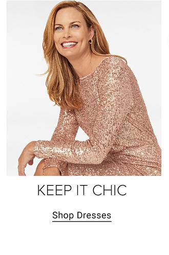 Woman wearing a gold sequin dress. Keep it chic. Shop dresses. Graphic with Valentine's hearts that say XOXO and love you lots. Show her some love. Cute finds for all your valentines. Shop gifts