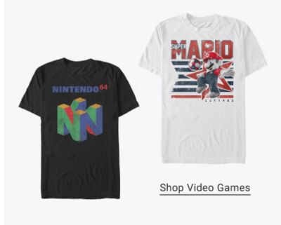 A white t-shirt with Mario kicking a soccer ball that says "Super Mario". A black t-shirt with the Nintendo 64 logo. Shop Video Games.